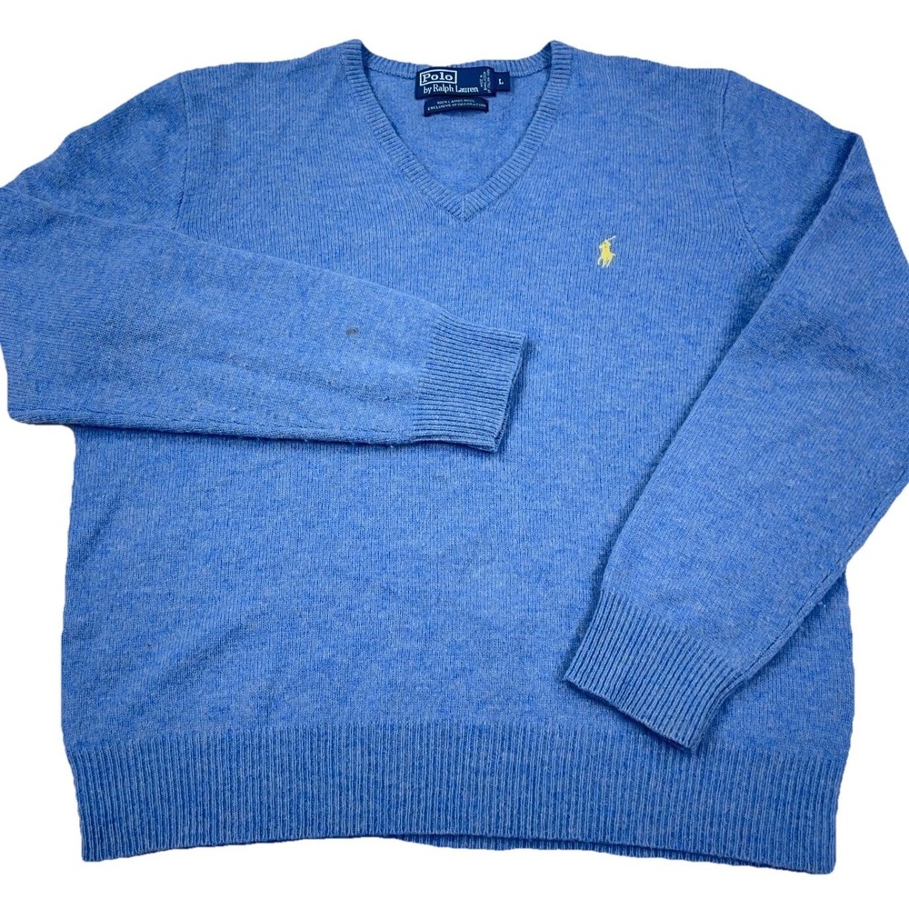Polo Ralph Lauren Sweater Men Large Light Blue Lambs Wool V Neck Pullover VTG